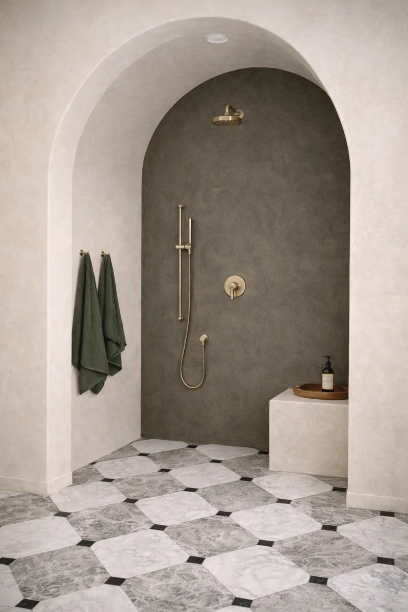 Mediterranean luxury microcement shower in Park City with arched alcove, olive charcoal accent wall and antique brass rainfall fixture