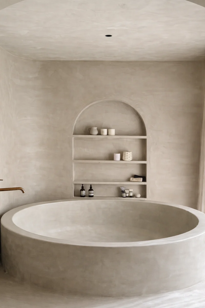 Finished microcement bathroom in Park City, Utah with a round monolithic soaking tub, curved taupe walls and arched shelf niche by Jeff Mitchell