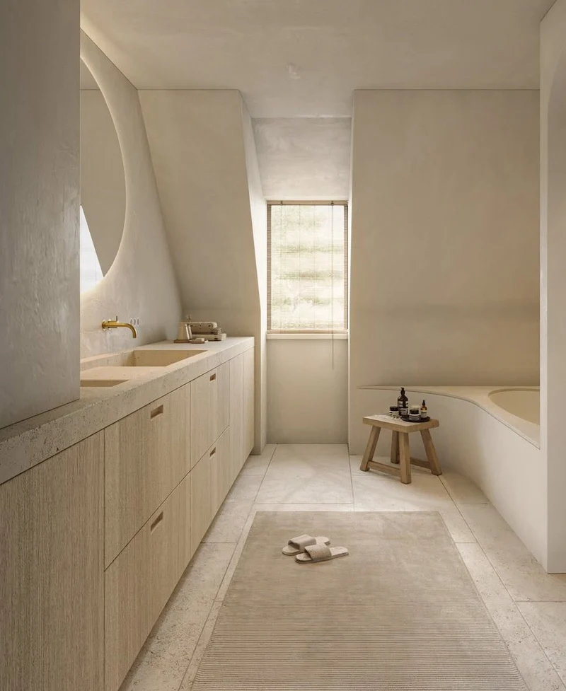 Editorial bone greige microcement primary bathroom suite in Park City, Utah with curved plaster forms and stone trough sinks