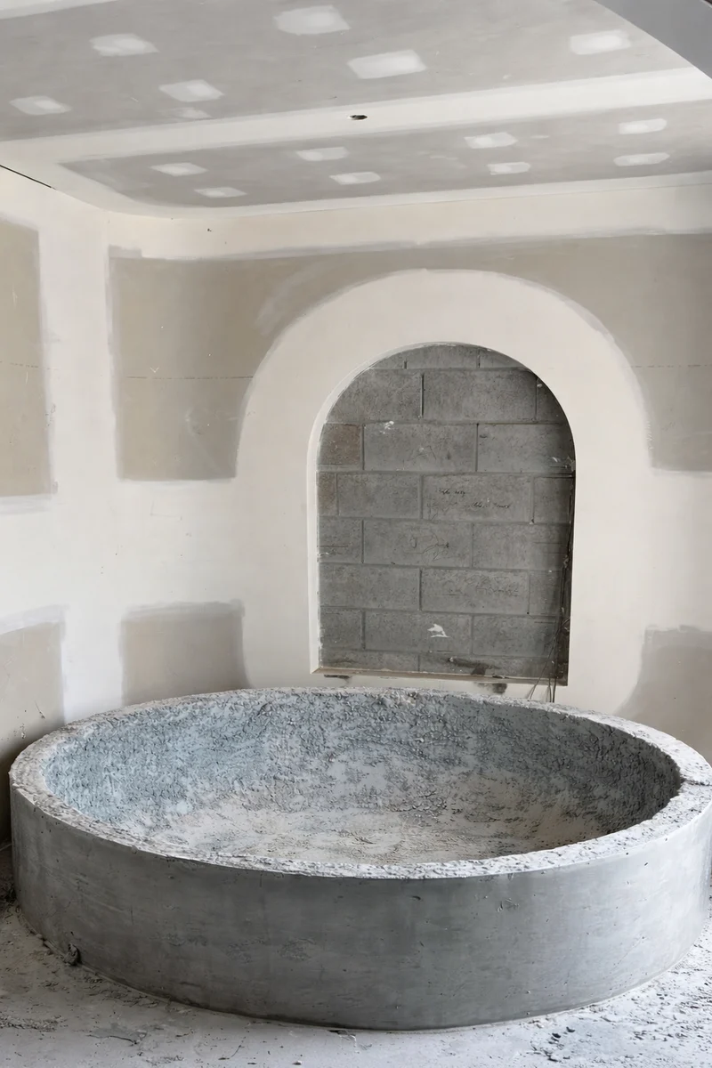 Bathroom renovation in progress in Park City, Utah showing raw concrete round tub shell before microcement application