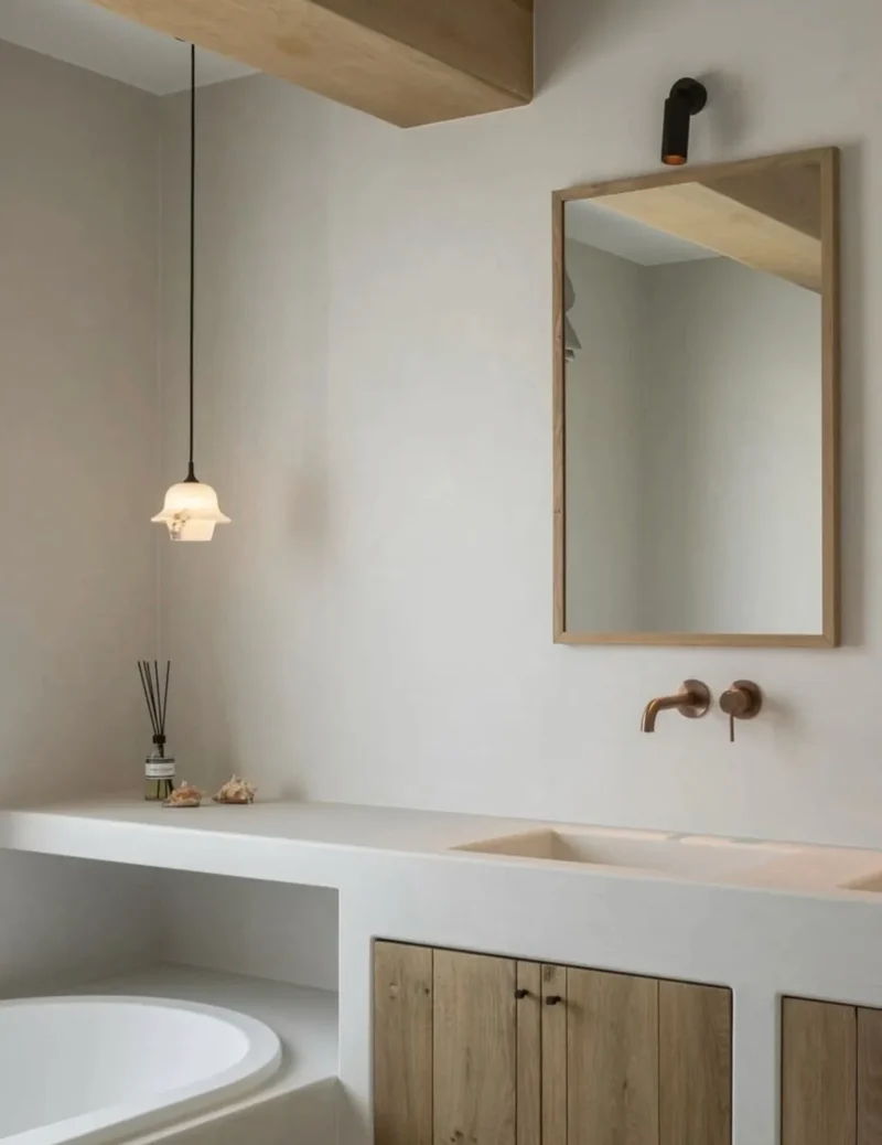 Pale putty greige microcement bathroom walls in Park City, Utah with monolithic double vanity, integrated cast basins, aged copper tap and exposed oak beam