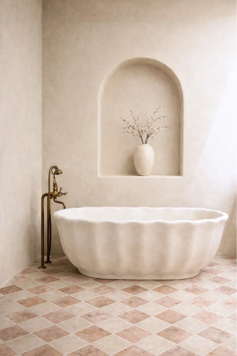 Romantic blush almond microcement bathroom in Park City with scalloped freestanding tub, antique brass filler and terracotta checkerboard floor